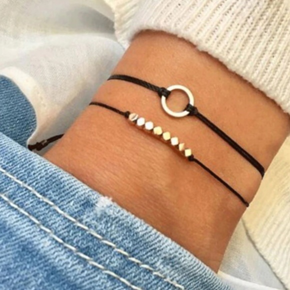 Jewelry - Boho Gold Beaded Circle Black Rope Bracelet Set